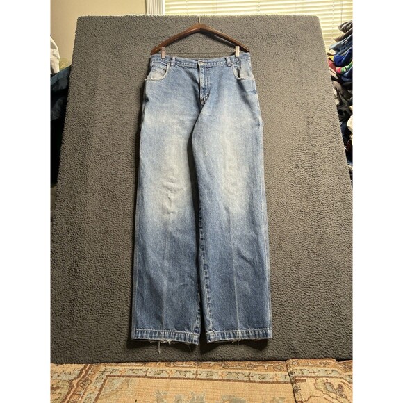 VTG 90s Bugle Boy 77 Baggy Wide Leg Carpenter Jeans 34x32 Blue Fade Y2K - Picture 2 of 16